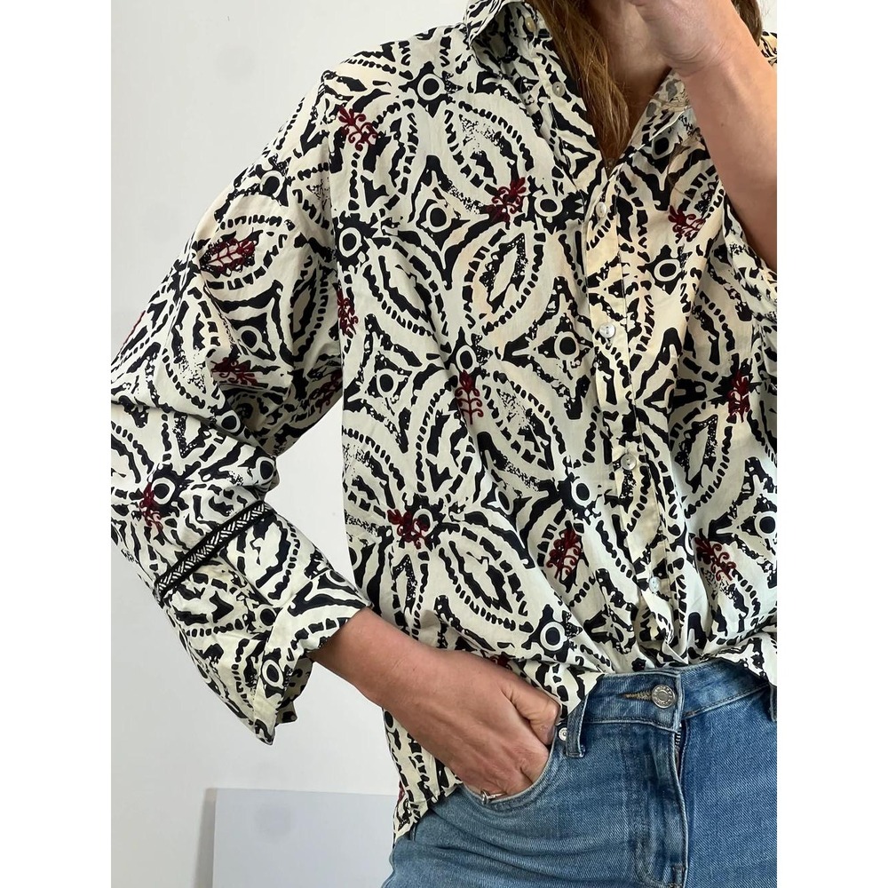 ZARA Abstract Print Embroidered Button Down Top Long Sleeve‎ Boxy Fit Boho Chic